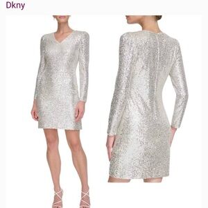 NWT DKNY dress size 14 silver‎ sequined sheath cocktail party dress 🩶🩶🩶